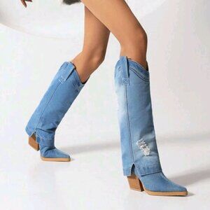 Cowboy Boots New Hole Denim Pointed Toe Knee-High Boots Women Vintage Shaft Boot